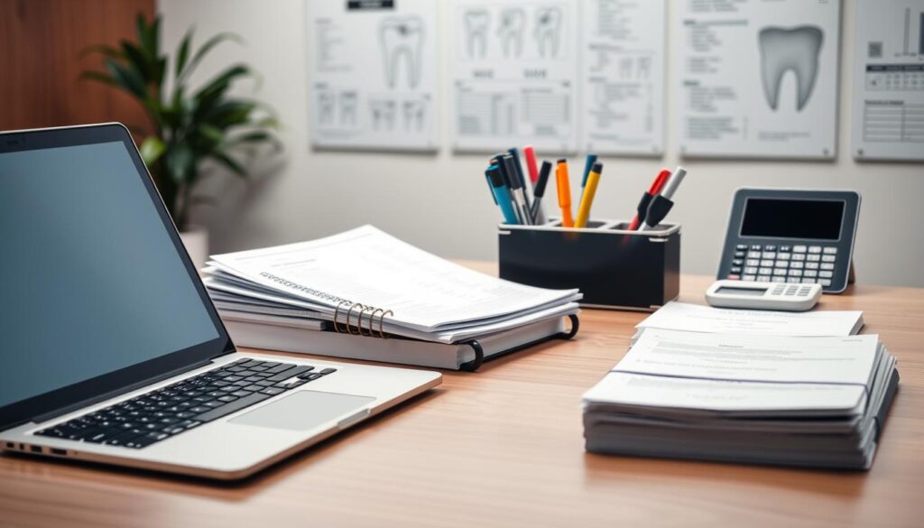 A sleek and professional desktop arrangement showcasing essential dental management tools. In the foreground, a high-quality laptop, a modern tablet device, and a well-organized stack of documents. In the middle ground, a sophisticated desk organizer holding pens, highlighters, and a calculator. The background features a minimalist wall display with medical diagrams and charts, creating an atmosphere of clinical efficiency. Soft, directional lighting illuminates the scene, emphasizing the precision and organization required for effective dental practice management. The overall mood conveys a sense of streamlined productivity and attention to detail.