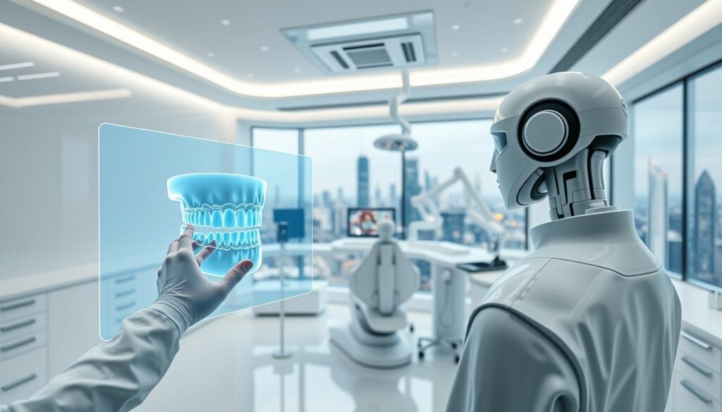 A sleek, futuristic dental office with a minimalist design. In the foreground, a holographic display showing a 3D model of a patient's teeth, controlled by a dentist's hand gestures. The middle ground features state-of-the-art dental equipment, including an intelligent robotic arm performing a precise procedure. In the background, a large panoramic window overlooking a bustling cityscape, highlighting the integration of advanced technology and modern aesthetics. The lighting is bright and clean, with a cool color palette reflecting the clinical atmosphere. The scene conveys a sense of cutting-edge innovation and seamless collaboration between artificial intelligence and dental healthcare.