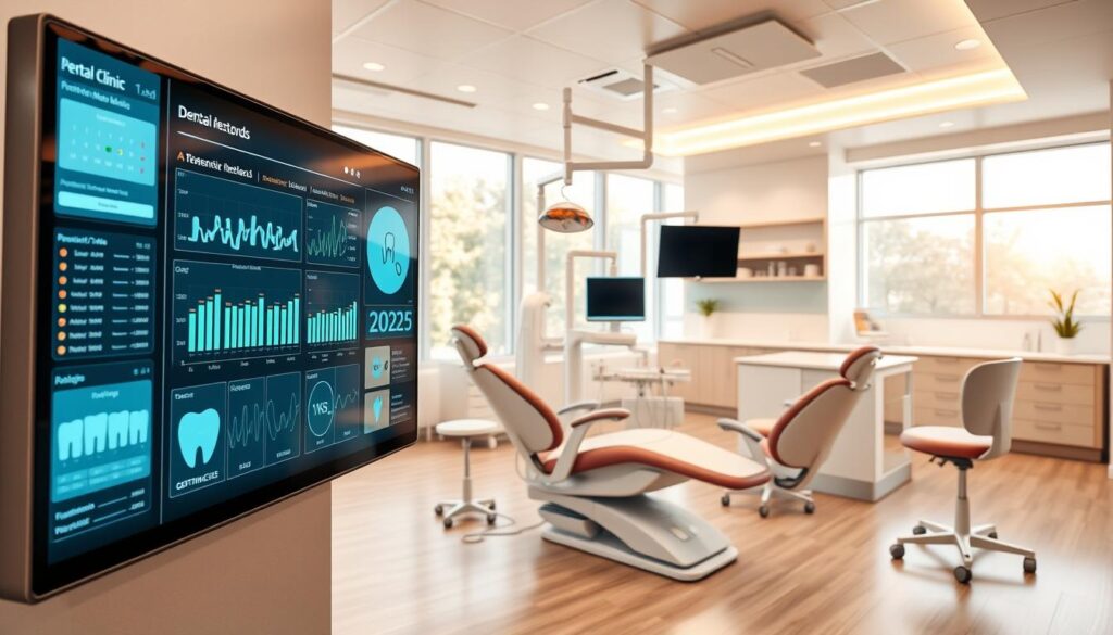 A sleek, modern dental clinic interior showcasing the integration of advanced dental systems. In the foreground, a digital display board presents patient records and appointment schedules, seamlessly connecting various aspects of patient care. The middle ground features state-of-the-art dental chairs with ergonomic designs, surrounded by medical equipment and diagnostic tools neatly organized. The background depicts a bright, spacious reception area with minimalist decor, conveying a sense of professionalism and efficiency. Warm, natural lighting filters through large windows, creating a calming and welcoming atmosphere. The entire scene radiates a sophisticated, technology-driven approach to dental practice management in the year 2025.