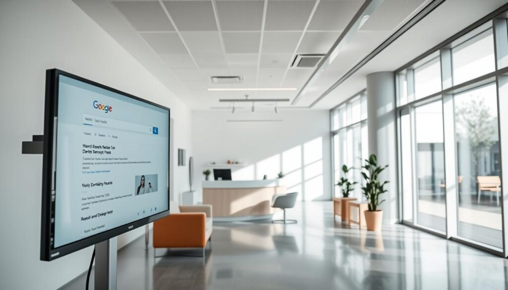 A sleek, modern dental clinic interior with a clean, professional atmosphere. The foreground features a large, flat-screen computer monitor displaying a Google search engine results page optimized for dental services. The middle ground showcases a stylish reception desk and waiting area with minimalist furniture and decor. The background depicts floor-to-ceiling windows allowing natural light to flood the space, creating a bright, airy ambiance. The overall scene conveys a sense of technological savviness, attention to detail, and a commitment to providing an exceptional patient experience.