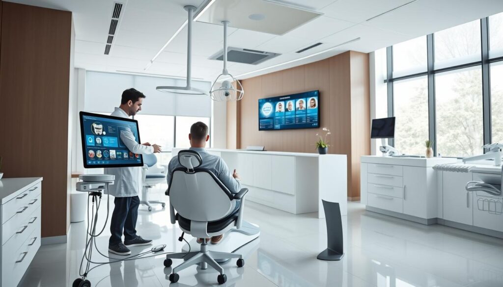 A sleek, modern dental clinic interior with a focus on digital marketing. In the foreground, a dentist stands at a touchscreen display, presenting data and visuals to a patient sitting in an ergonomic chair. The middle ground features rows of high-tech dental equipment and a bright, airy reception area with a digital screen showcasing the clinic's various services. The background is filled with clean, minimalist design elements, conveying a sense of professionalism and innovation. Soft, diffused lighting creates a calming atmosphere, while large windows allow natural light to pour in, illuminating the scene. The overall composition emphasizes the clinic's embrace of digital technologies to enhance patient care and engagement.