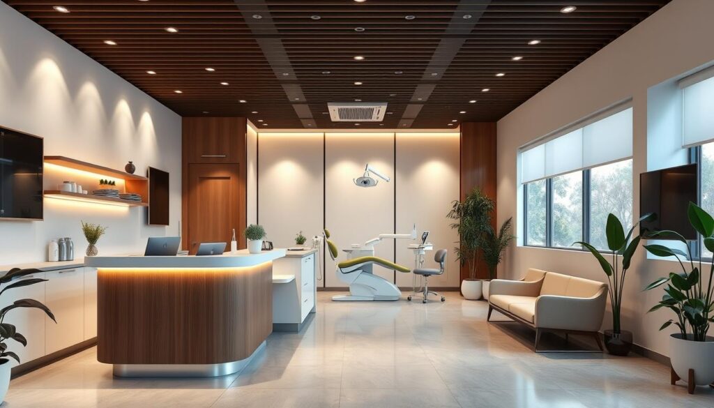A sleek, modern dental clinic interior with a welcoming atmosphere. The foreground features a reception desk with a warm, minimalist design and comfortable seating for patients. The middle ground showcases a well-equipped treatment room with state-of-the-art dental equipment and soothing lighting. The background depicts a tranquil waiting area with lush greenery, natural materials, and calming colors that create a relaxing ambiance. The overall scene conveys professionalism, attention to detail, and a patient-centric approach to dental care.