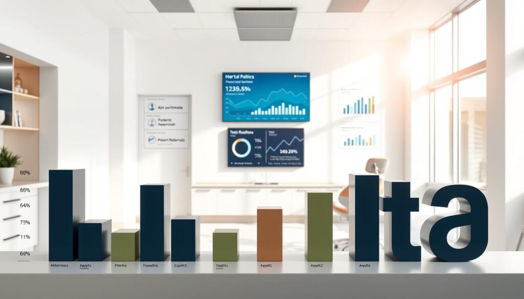 A sleek, modern dental clinic interior with bold typography showcasing key performance metrics on digital displays. Bright, natural lighting floods the space, creating a clean, professional atmosphere. In the foreground, a stylized bar chart visualizes patient satisfaction, appointment bookings, and treatment plan conversions. The middle ground features minimalist infographics highlighting time-to-appointment, patient retention, and patient referrals. In the background, a large screen displays real-time data analytics, providing a comprehensive view of the clinic's vital signs. The overall composition conveys a sense of data-driven decision making and continuous improvement within the dental practice.