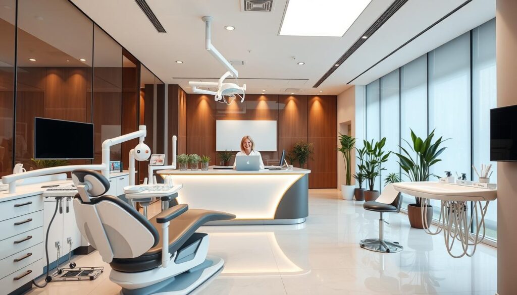 A sleek, modern dental clinic interior with clean lines and minimalist decor. In the foreground, a dentist's chair and equipment convey professionalism and advanced treatment capabilities. The middle ground features a reception desk with a friendly staff member, showcasing the attentive patient care. In the background, glass walls provide a bright, airy atmosphere, while potted plants and warm lighting create a welcoming ambiance. The overall scene radiates efficiency, innovation, and a patient-focused approach to dental practice management.