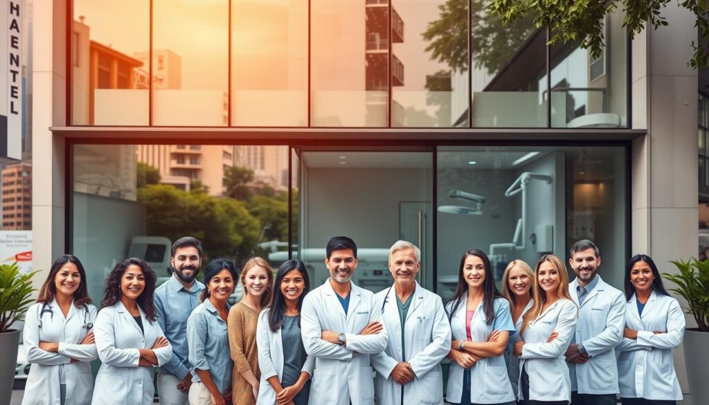A sleek, modern dental clinic nestled in a bustling city, its facade adorned with clean lines and a minimalist aesthetic. Through the glass windows, glimpses of state-of-the-art equipment and well-appointed treatment rooms can be seen, conveying a sense of professionalism and innovation. In the foreground, a group of diverse patients, each with a distinct expression of confidence and satisfaction, symbolizing the clinic's ability to cater to a wide range of dental needs. The middle ground features a team of skilled, attentive dentists and hygienists, their body language and facial expressions exuding a warm, personalized approach to patient care. The background is a blend of urban cityscapes and verdant landscapes, hinting at the clinic's commitment to environmental sustainability and community engagement. The overall mood is one of sophistication, trust, and a commitment to excellence in the competitive dental market.
