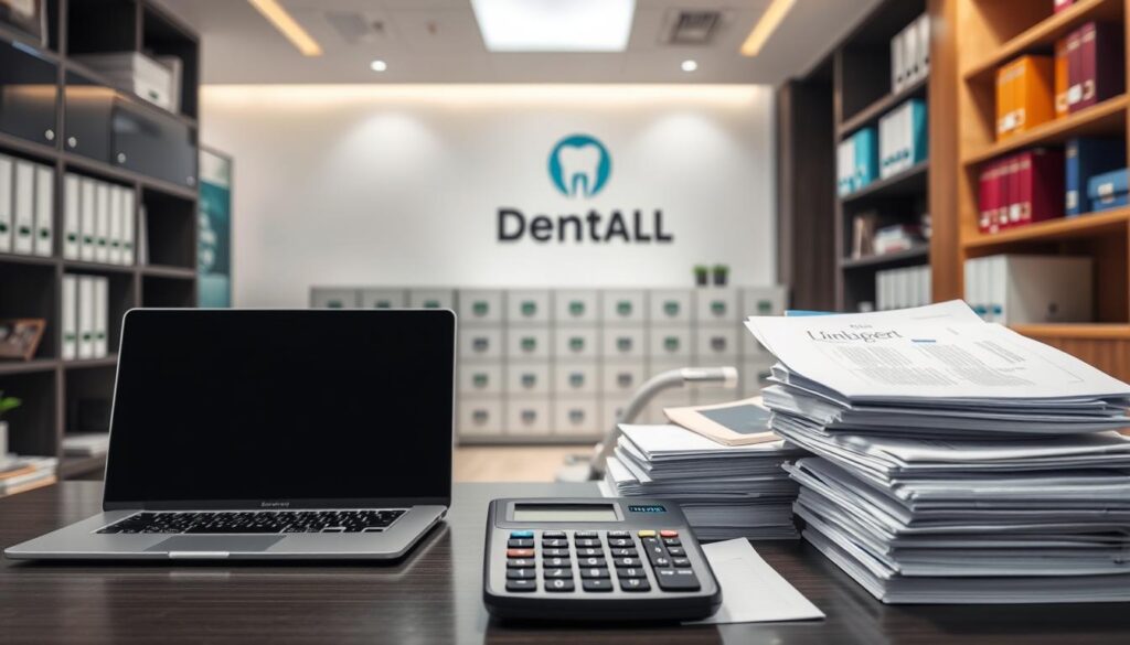 A sleek, modern dental clinic office interior with a focus on financial management. In the foreground, a well-organized desk with a laptop, calculator, and neatly stacked documents, conveying a sense of orderliness and attention to detail. The middle ground features an array of filing cabinets and bookshelves, symbolizing the comprehensive financial records and resources at the clinic's disposal. The background showcases the clinic's branding, with a clean, minimalist aesthetic and subtle lighting that creates a professional, welcoming atmosphere. The overall scene conveys the importance of financial control and sustainability in maintaining a successful and thriving dental practice.