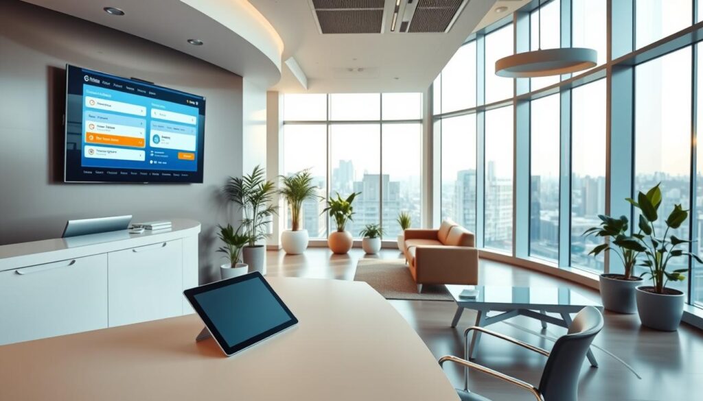 A sleek, modern dental clinic reception area, with a large digital screen prominently displaying an online appointment booking interface. The foreground features a clean, minimalist desk with a tablet and keyboard, inviting patients to easily schedule their visits. The middle ground showcases a warm, neutral-toned waiting area with comfortable seating and plants, creating a calming atmosphere. The background is filled with a serene cityscape visible through floor-to-ceiling windows, bathed in soft, natural lighting. The overall scene conveys a sense of efficiency, technology, and patient-centric care, perfectly aligning with the "Intelligent Scheduling to Optimize Your Time" theme.