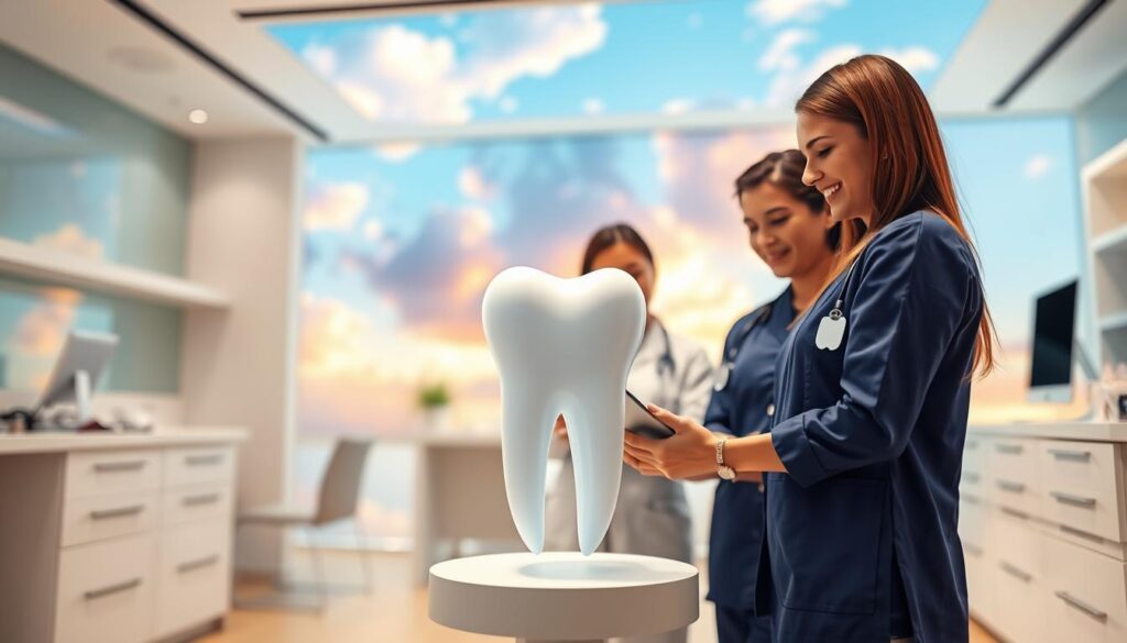 A sleek, modern dental clinic with a cloud-based technology theme. In the foreground, a team of dental professionals collaborating on a tablet, using cloud-based software to manage patient records, schedules, and billing. The middle ground showcases a 3D-rendered model of a tooth, symbolizing the clinical expertise enhanced by digital solutions. In the background, a vibrant sky filled with stylized cloud formations, representing the scalable, flexible nature of cloud computing. The scene is bathed in a warm, inviting lighting, conveying the efficiency and patient-centric approach enabled by cloud-based dental practice management.