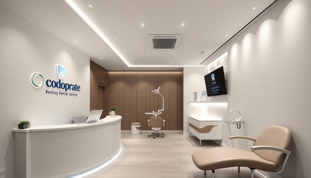 A sleek, modern dental clinic with a minimalist and professional interior design. The branding is prominently displayed on the front desk and walls, featuring a clean logo, color palette, and typography that evoke a sense of trust and expertise. The lighting is soft and indirect, creating a calming atmosphere. The layout is open and inviting, with comfortable seating areas and discreet medical equipment. The overall aesthetic conveys a sense of sophistication and attention to detail, reflecting the high-quality dental services offered within.