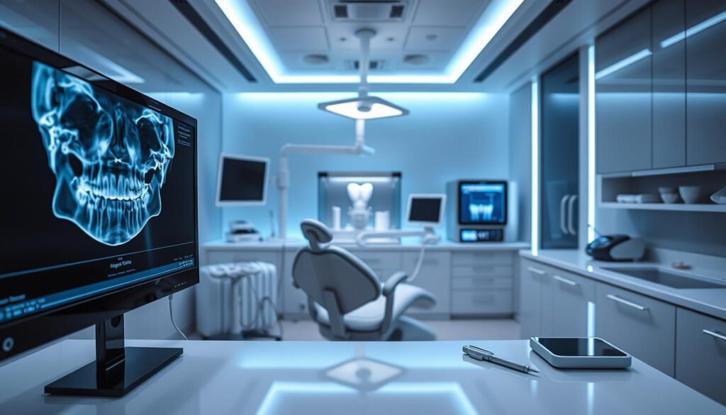 A sleek, modern dental office filled with cutting-edge technology. In the foreground, a high-resolution digital x-ray monitor displays intricate details of a patient's teeth and jaw. In the middle ground, a state-of-the-art dental chair with adjustable lighting and ergonomic design. Behind it, a 3D printer whirs, creating custom-fitted dental implants. The background is bathed in a cool, blue-tinted glow from LED lights, creating a calming, futuristic atmosphere. Precise, advanced instruments and devices line the pristine, minimalist countertops, showcasing the latest innovations in dental care. This is the pinnacle of efficient, technology-driven dental practice management.