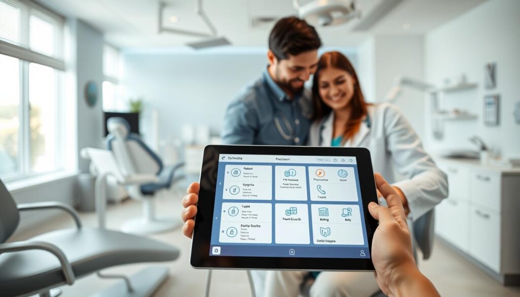 A sleek, modern dental office with a focus on digital functionality. In the foreground, a closeup of a tablet displaying various dental software features - scheduling, patient records, billing, and more. In the middle ground, a dentist consults with a patient, using the software to demonstrate personalized treatment plans. The background features a clean, minimalist design with sleek furniture, natural lighting, and high-tech medical equipment, conveying a sense of efficiency and professionalism. The color palette is a harmonious blend of blues, grays, and whites, creating a calming, clinical atmosphere. The overall scene emphasizes the seamless integration of technology and dental care, reflecting the key functionalities of a comprehensive dental practice management software.