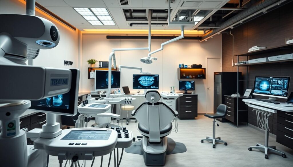 A sleek, modern dental office workspace filled with digital tools and technologies. In the foreground, various dental instruments and devices such as a digital x-ray scanner, intraoral camera, and computer workstation with dental software interfaces. In the middle ground, a stylish dentist's chair with integrated digital controls. The background features clean, minimalist decor with subtle industrial accents, providing an atmosphere of professionalism and cutting-edge dentistry. Warm, directional lighting emphasizes the high-tech equipment, creating a sense of clinical efficiency and advanced patient care.