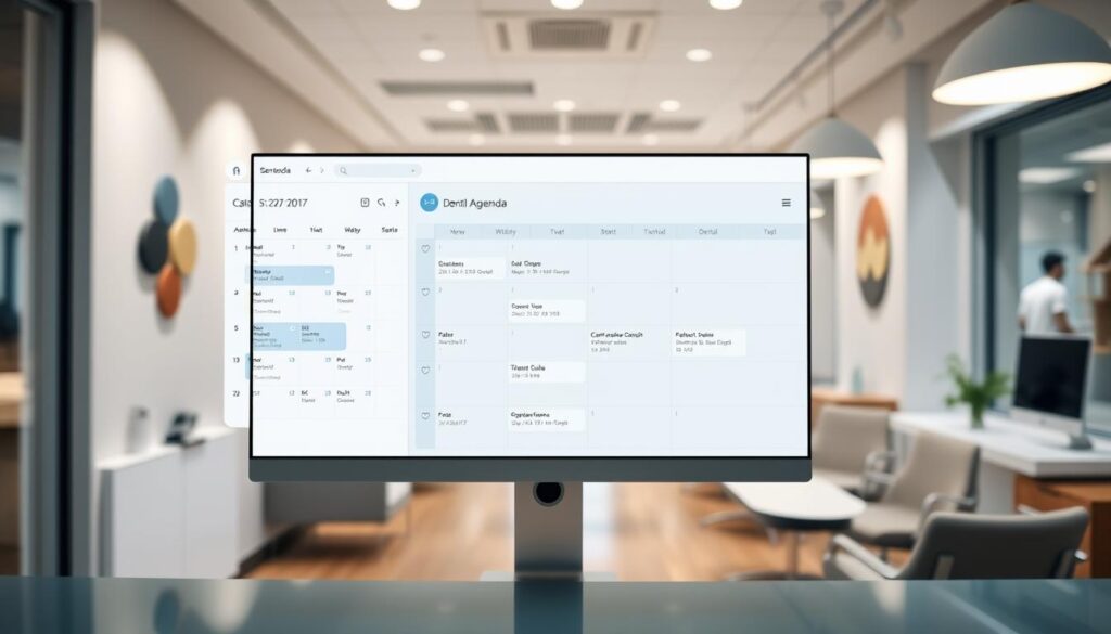 A sleek, modern dental office's digital agenda system, showcasing a clean, minimalist interface on a computer screen. The foreground features a stylized calendar view with intuitive scheduling tools, patient information, and appointment details. The middle ground shows a professional-looking dental clinic interior, with modern furnishings, warm lighting, and a welcoming atmosphere. The background hints at the use of cloud-based or mobile-friendly technology, suggesting seamless integration with the practice's operations. The overall scene conveys efficiency, organization, and a commitment to providing patients with a seamless, technology-driven experience.