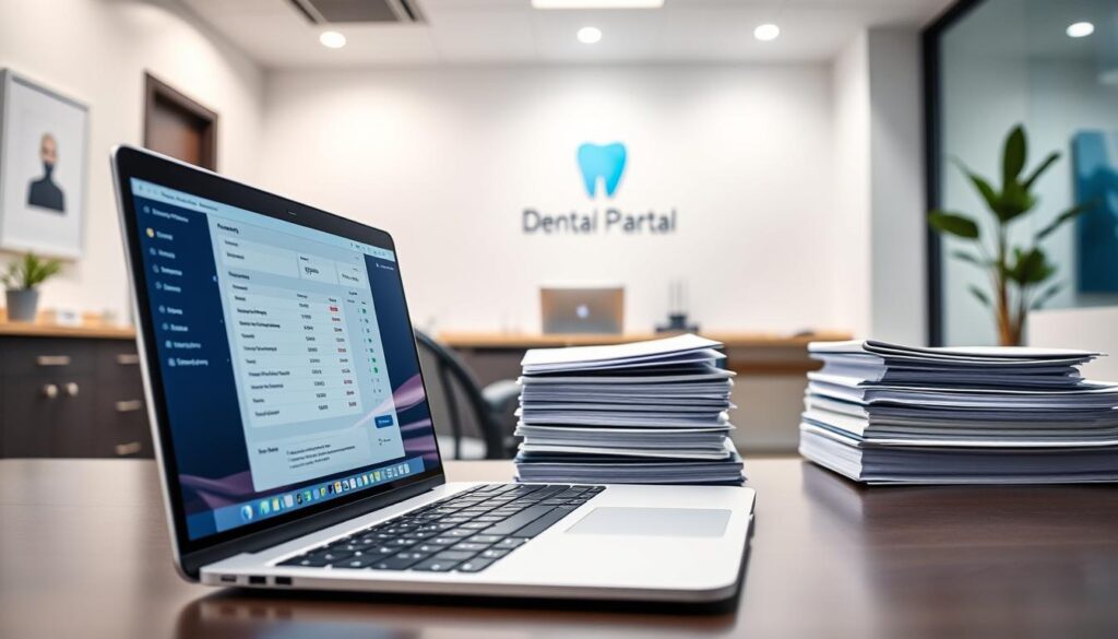 A sleek, modern dental practice with a focus on streamlined billing and documentation processes. In the foreground, a laptop displays dental billing software, with a clean, intuitive interface. In the middle ground, a desk with organized files and folders, representing the efficient management of patient records and invoices. The background features a minimalist, well-lit office space, with subtle branding elements that convey professionalism and attention to detail. The overall scene exudes a sense of technological advancement and administrative prowess, capturing the essence of automated dental billing and documentation.