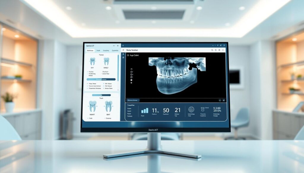 A sleek, modern dental software interface displayed on a high-resolution screen. The foreground features a clean, minimalist design with intuitive user controls and data visualization tools. The middle ground showcases a 3D rendering of a dental x-ray, highlighting the software's advanced imaging capabilities. The background depicts a serene, clinic-like environment with soft lighting and a sense of professionalism. The overall composition conveys the cutting-edge technology and efficiency of this new standard in dental practice management.