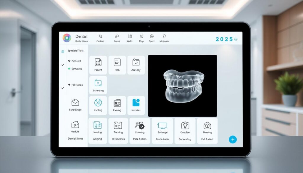 A sleek, modern dental software interface displayed on a tablet device, with intuitive icons and clean, minimalist design. The foreground showcases a variety of specialized tools and features, such as patient management, scheduling, invoicing, and treatment planning modules. The middle ground depicts a 3D dental scan or x-ray image, highlighting the software's advanced imaging capabilities. The background depicts a serene, minimalist office setting, with subtle lighting and a muted color palette to convey a sense of professionalism and efficiency. The overall mood is one of technological sophistication, user-friendliness, and clinical precision, perfectly suited for a state-of-the-art dental practice in the year 2025.