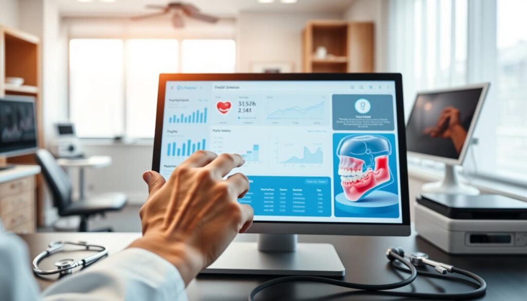 A sleek, modern dental software interface with a clean and intuitive layout. The main screen features a central dashboard displaying key practice metrics, appointment calendars, and patient records. In the foreground, a doctor's hand navigates the software using a touchscreen display, with a stethoscope and other medical instruments visible on the desk. The middle ground shows a 3D model of a human jaw, highlighting dental procedures and treatment plans. The background has a soft, blurred view of a well-equipped dental office, with natural lighting streaming through the windows. The overall atmosphere conveys professionalism, efficiency, and the seamless integration of technology into dental practice management.