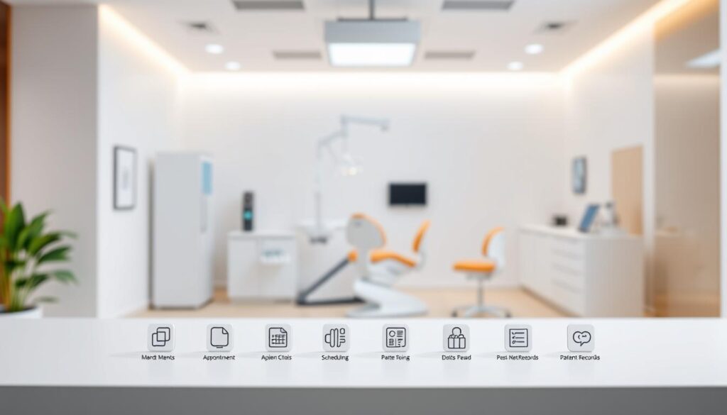 A sleek, modern dental software suite displayed on a minimalist, clean interface. In the foreground, a stylized icon set showcases key features like patient management, appointment scheduling, and electronic patient records. The middle ground features a 3D model of a dental clinic, with high-tech equipment and a serene, professional atmosphere. The background is subtly blurred, emphasizing the software's intuitive design and user-friendly experience. Warm, natural lighting and a soothing color palette evoke a sense of comfort and efficiency, perfectly suited for a dental practice. The overall composition conveys the comprehensive functionality and seamless integration of a top-tier dental practice management software.