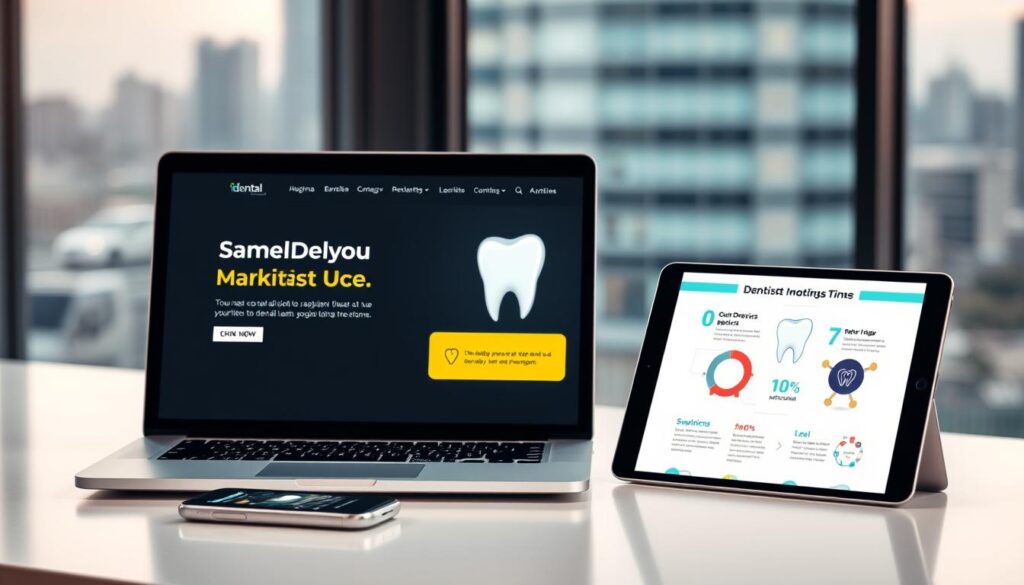 A sleek, modern digital marketing campaign for a dental practice, featuring a stylish laptop, a smartphone, and a tablet arranged on a minimalist desk. The devices display vibrant, eye-catching graphics and infographics promoting the practice's services and online presence. Soft, warm lighting illuminates the scene, creating a professional and inviting atmosphere. In the background, a blurred cityscape suggests the practice's urban setting and its digital reach. The overall composition conveys the power of digital marketing to elevate a dentist's brand and connect with patients in the digital age.
