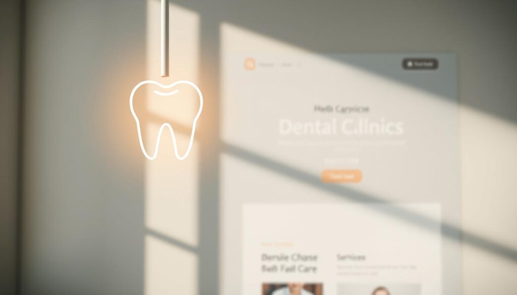 A sleek, modern digital presence for a dental clinic, showcasing a clean and professional online interface. In the foreground, a stylized dental icon or logo hovers elegantly, casting a soft glow. The middle ground features a serene, minimalist website design with intuitive navigation, highlighting key services and contact information. In the background, a subtle pattern or gradient evokes a sense of medical authority and trustworthiness. Warm, natural lighting illuminates the scene, creating a calming and approachable atmosphere for patients seeking dental care. The overall composition conveys a seamless digital experience that reflects the clinic's commitment to quality, care, and innovation.