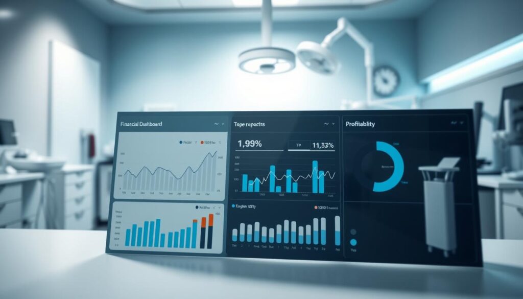 A sleek, modern financial dashboard for a dental practice, showcasing key metrics like revenue, expenses, and profitability. The foreground features a clean, minimalist interface with intuitive charts and graphs, while the background depicts a stylized dental office, complete with dental tools and equipment. The lighting is soft and directional, creating a sense of depth and emphasizing the importance of this financial control system. The overall mood is one of efficiency, organization, and a commitment to data-driven decision-making, reflecting the need for dental practitioners to maintain a robust financial management approach.