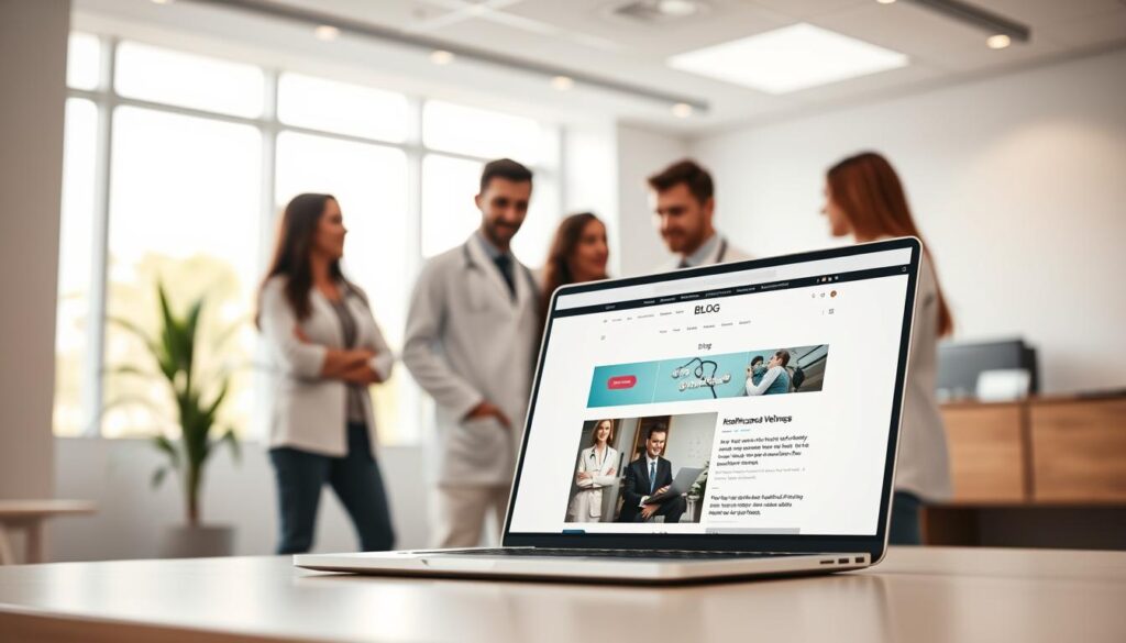 A sleek, modern medical clinic with a warm, inviting atmosphere. In the foreground, a laptop computer displays a stylish blog interface, showcasing content on healthcare and wellness. In the middle ground, medical professionals huddle around the laptop, discussing the blog's impact on their online presence and patient engagement. The background features a clean, minimalist office space with large windows allowing natural light to flood the room. The overall mood is one of professionalism, authority, and a commitment to using digital marketing to connect with patients. The lighting is soft and even, creating a sense of calm and trustworthiness. The camera angle is slightly elevated, giving a sense of the blog's central role in the clinic's marketing strategy.