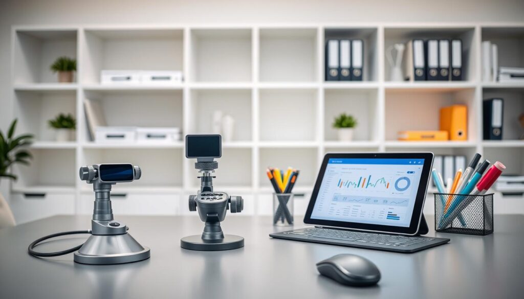 A sleek, modern office desk with an assortment of professional dental management tools neatly arranged. In the foreground, a high-quality pair of dental loupes, a digital dental camera, and a tablet displaying analytics software. In the middle ground, a desktop computer, a wireless mouse, and a desk organizer filled with pens, highlighters, and sticky notes. The background features clean, minimalist white shelves displaying various dental reference books, folders, and a small potted plant providing a touch of greenery. The lighting is soft and diffused, creating a calm, focused atmosphere ideal for a dental practice management session.