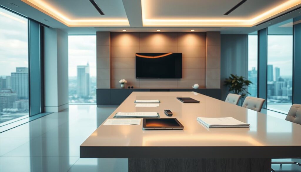 A sleek, modern office interior with a large desk and a wall-mounted display. On the desk, various documents and a tablet device are neatly arranged, conveying a sense of professional organization. The lighting is soft and warm, creating a calm, contemplative atmosphere. In the background, a large window overlooks a cityscape, suggesting a prestigious urban setting. The scene exudes an air of authority and ethical conduct, reflecting the guidelines and regulations governing dental marketing practices.