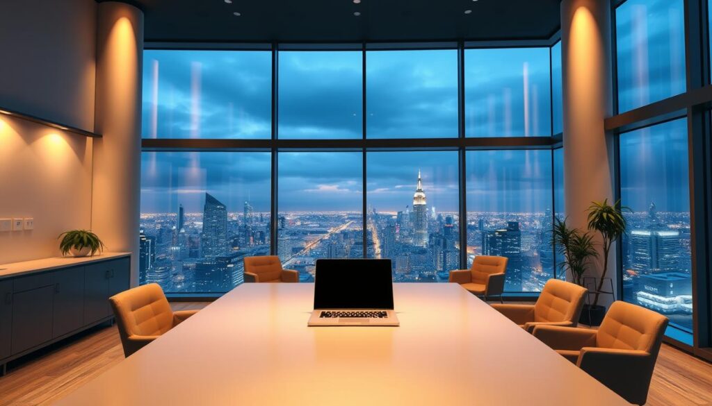 A sleek, modern office interior with a large desk, comfortable chairs, and a prominent laptop or computer monitor. The room is bathed in warm, ambient lighting, creating a professional and productive atmosphere. In the background, a large window offers a panoramic view of a cityscape, suggesting the ability to work remotely from anywhere. The overall scene conveys the concept of remote access and the convenience of managing a dental clinic from a distance.