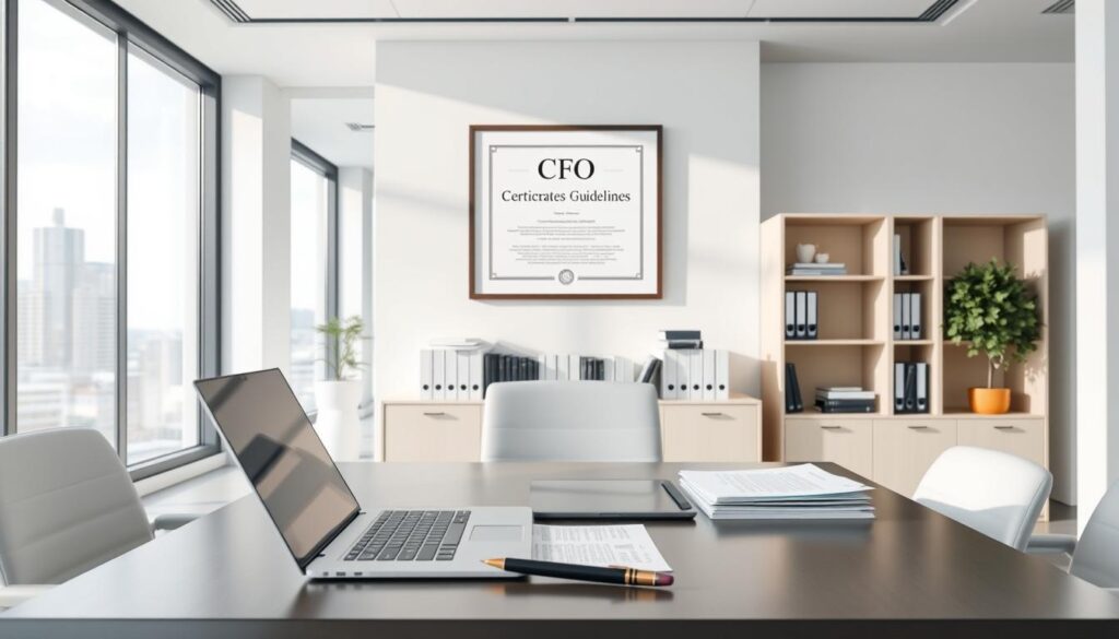 A sleek, modern office interior with a minimalist aesthetic. In the foreground, a desk with a laptop, pen, and neatly organized papers. On the wall behind the desk, a framed certificate or document labeled "CFO Guidelines for Dental Marketing". The middle ground features a bookshelf with medical and business books, while the background showcases floor-to-ceiling windows overlooking a cityscape. The lighting is soft and natural, creating a professional and authoritative atmosphere. The overall composition conveys a sense of order, control, and adherence to regulatory standards within the dental marketing industry.