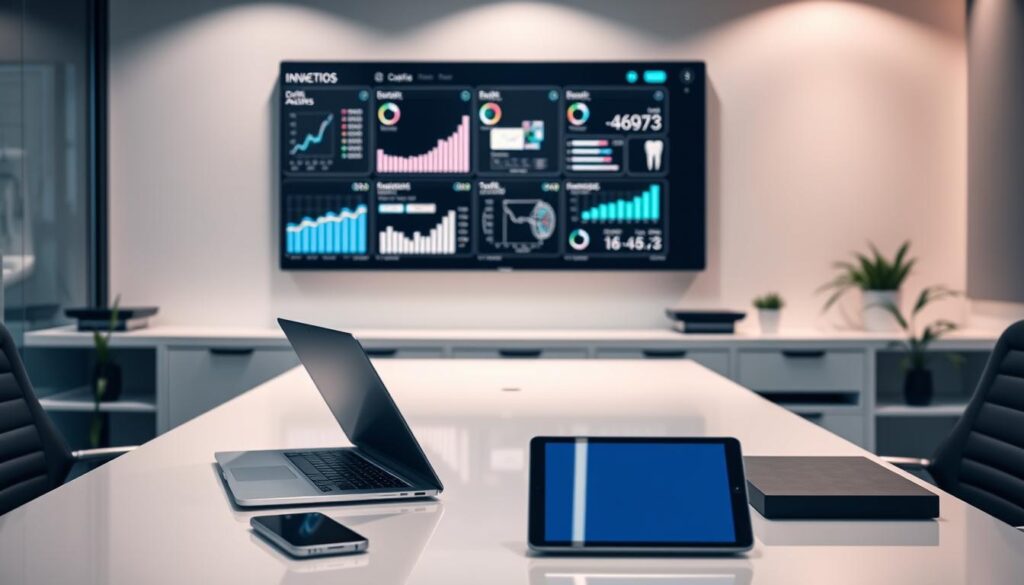 A sleek, modern office setting with a desk featuring an array of digital devices - a laptop, tablet, and smartphone - arranged neatally. Soft, directional lighting illuminates the scene, creating a professional and productive atmosphere. In the background, a large monitor displays various digital analytics and marketing metrics relevant to a dental practice. The overall composition conveys a sense of technological savvy and a forward-thinking approach to dental practice management and patient engagement.