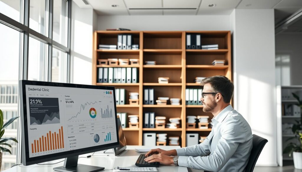 A sleek, modern office setting with a focus on financial management for a dental clinic. In the foreground, a desktop computer displays financial data and charts, while a professional-looking person in business attire sits at the desk, intently studying the information. The middle ground features shelves filled with organized binders and files, representing the meticulous record-keeping required for financial oversight. The background showcases large windows, allowing natural light to flood the space and create a bright, airy atmosphere. The overall scene conveys a sense of control, efficiency, and attention to detail, essential for the financial management of a successful dental practice.