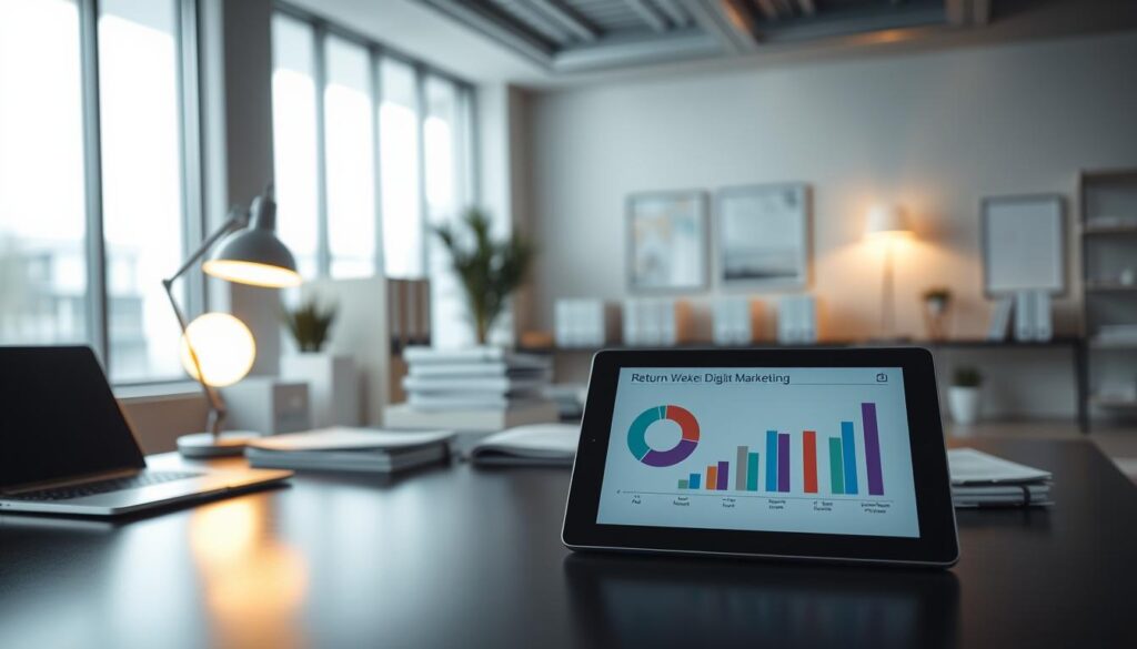 A sleek, modern office setting with a large desk, a laptop, and a minimalist desk lamp casting a warm glow. In the foreground, a tablet displays a pie chart and bar graph, illustrating the return on investment for digital marketing efforts. The middle ground features carefully organized files, folders, and office supplies, conveying a sense of efficiency and data-driven decision-making. The background showcases floor-to-ceiling windows, allowing natural light to fill the space and create a sense of openness and professionalism. The overall atmosphere is one of focused, data-driven analysis, highlighting the value and potential of digital marketing for a dental clinic.