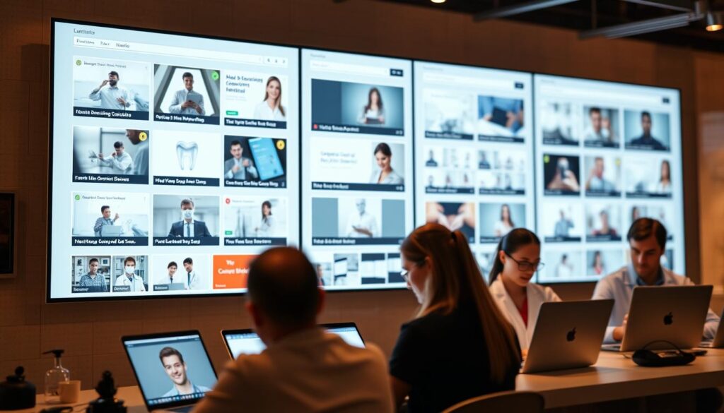 A sleek, modern online learning platform featuring a collection of neatly organized dental education courses. The foreground showcases a variety of instructional videos, interactive modules, and virtual demonstrations, all easily accessible via a clean, intuitive user interface. The middle ground depicts a group of dentists engaged in active learning, their faces illuminated by the glow of their laptop screens. In the background, a sophisticated, minimalist design with subtle dental-themed motifs creates a professional, academically-driven atmosphere. Warm, directional lighting casts a sense of focus and productivity, while a shallow depth of field keeps the attention on the core educational experience. The overall mood conveys the value of continuous learning and skill development for dental practitioners in the digital age.