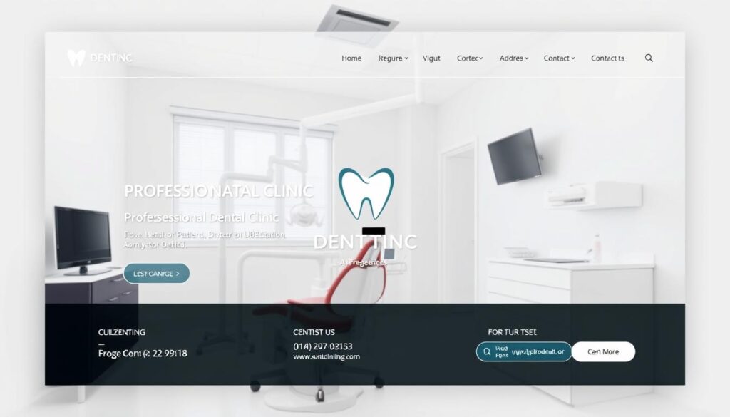 A sleek, modern website for a professional dental clinic, showcasing a clean and minimalist design. The foreground features a large, high-resolution image of a dentist's office, with state-of-the-art equipment and a welcoming, inviting atmosphere. The middle ground displays the clinic's logo, prominently displayed, along with key information such as the clinic's name, address, and contact details. The background is a soft, muted color palette, creating a calming and professional impression. The lighting is natural and diffused, highlighting the clinic's attention to detail and commitment to patient comfort. The overall composition is balanced and visually appealing, reflecting the clinic's dedication to excellence in both medical care and digital presence.