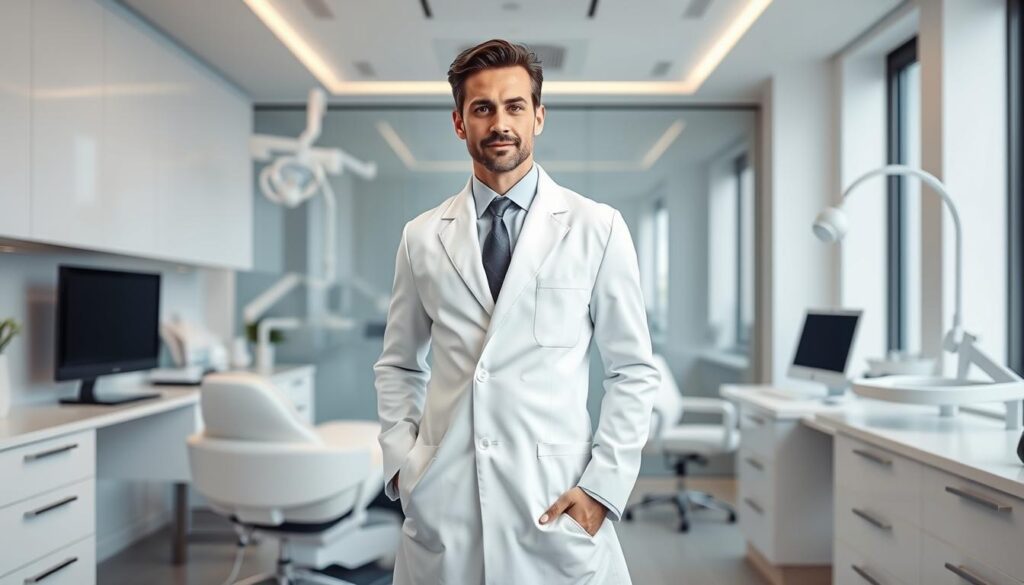 A sophisticated, elegantly-dressed professional in a crisp, white lab coat standing confidently in a modern, well-appointed dental clinic. The figure represents a discerning, informed patient persona - someone who values quality care, attention to detail, and a personalized approach. The setting features sleek, minimalist furnishings, clean lines, and soft, diffused lighting that creates a calming, clinical ambiance. The overall composition conveys a sense of trust, expertise, and a patient-centric focus, reflecting the ideal target market for a premium dental practice.