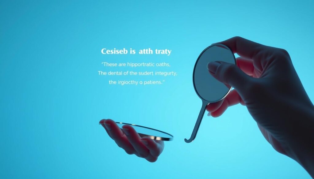 A sophisticated, minimalist illustration of a dentist's code of ethics against a serene, sky-blue backdrop. The central focal point is a softly glowing, holographic wireframe representation of the Hippocratic Oath, its translucent lines gently pulsing with an inner light. In the foreground, a single hand, rendered in delicate, detailed realism, holds a simple, elegant dentist's mirror, symbolizing the duty of care. The background is subtly graduated, hinting at the broader principles that guide the dental profession - integrity, responsibility, and a commitment to the wellbeing of patients.