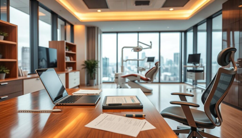 A sophisticated office interior with a dental clinic ambiance. The foreground features a polished wooden desk and modern ergonomic office chair. On the desk, a laptop, tablet, and carefully arranged paperwork suggest strategic planning and management. The middle ground showcases medical equipment like a dental chair, tray, and tools, all gleaming under the warm, focused lighting. In the background, floor-to-ceiling windows offer a serene cityscape view, communicating a sense of professionalism and expertise. The overall atmosphere exudes a harmonious blend of clinical efficiency and thoughtful, strategic decision-making.