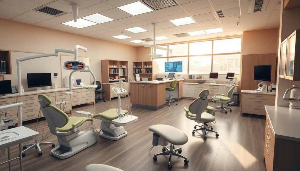 A spacious and well-organized dental clinic interior, bathed in warm, natural lighting. The foreground features modern, ergonomic dental chairs and equipment, neatly arranged in a clean, efficient layout. In the middle ground, a reception desk and waiting area with plush seating and minimalist decor, creating a calming atmosphere. The background showcases organized storage cabinets, shelves, and diagnostic displays, all contributing to a sense of professionalism and attention to detail. The overall scene conveys a streamlined, patient-centric approach to dental care, reflecting the principles of effective operational management.