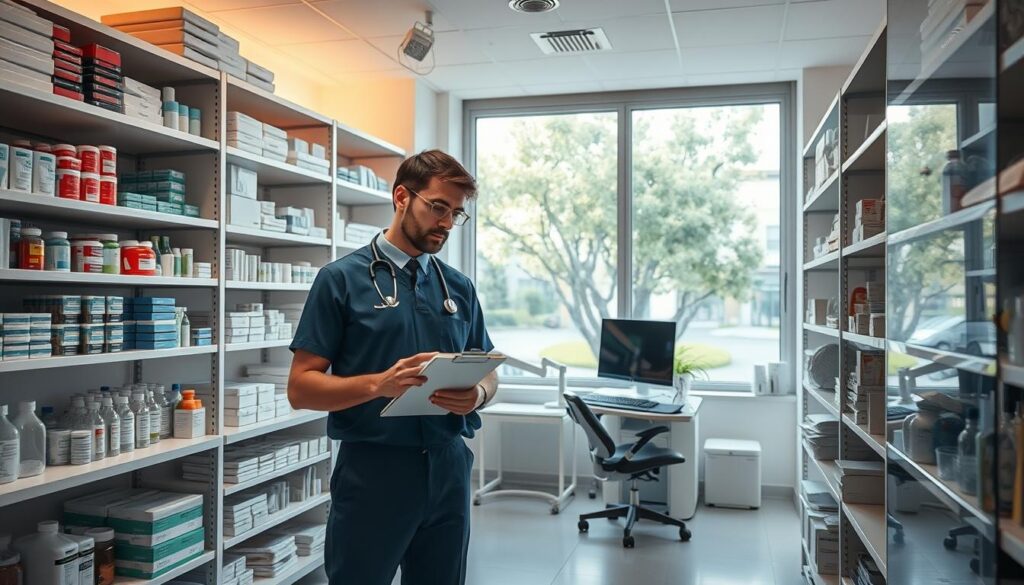 A spacious and well-organized dental clinic storeroom, with meticulously arranged shelves displaying an array of medical supplies, instruments, and pharmaceuticals. Soft, diffused lighting casts a warm glow, highlighting the pristine order and attention to detail. In the foreground, a clinician stands, clipboard in hand, meticulously reviewing inventory, ensuring optimal stock levels for efficient patient care. The middle ground features a desktop computer system, used to track and manage the clinic's supply chain. The background showcases windows overlooking a serene, tree-lined street, creating a calming atmosphere conducive to focused work. The overall scene conveys a sense of professionalism, attention to detail, and a commitment to providing high-quality dental services through effective inventory management.
