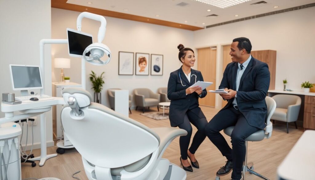 A spacious, modern dental office interior with a warm, inviting atmosphere. The foreground features a sleek, ergonomic dental chair and a state-of-the-art dental unit with advanced technology. In the middle ground, a professional, friendly dentist and an attentive dental assistant engaged in a consultation with a patient. The background showcases a well-organized reception area with comfortable seating and minimal, tasteful decor. The lighting is soft and diffused, creating a calming ambiance. The overall scene conveys an efficient, high-quality dental practice that offers exceptional patient care without the burden of costly fees.