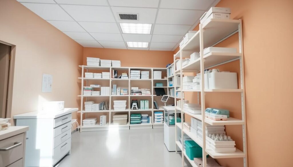 A spacious, well-organized dental clinic storeroom with shelves neatly stocked with medical supplies, equipment, and consumables. Bright, even lighting illuminates the scene, casting a professional, clinical atmosphere. The camera angle provides a clear, unobstructed view of the meticulously arranged inventory, highlighting the importance of stock control in efficient practice management. Subtly colored walls and floor create a soothing, calming ambiance, reflecting the clinic's commitment to patient comfort. The image conveys a sense of order, precision, and attention to detail crucial for maintaining a well-managed dental practice.