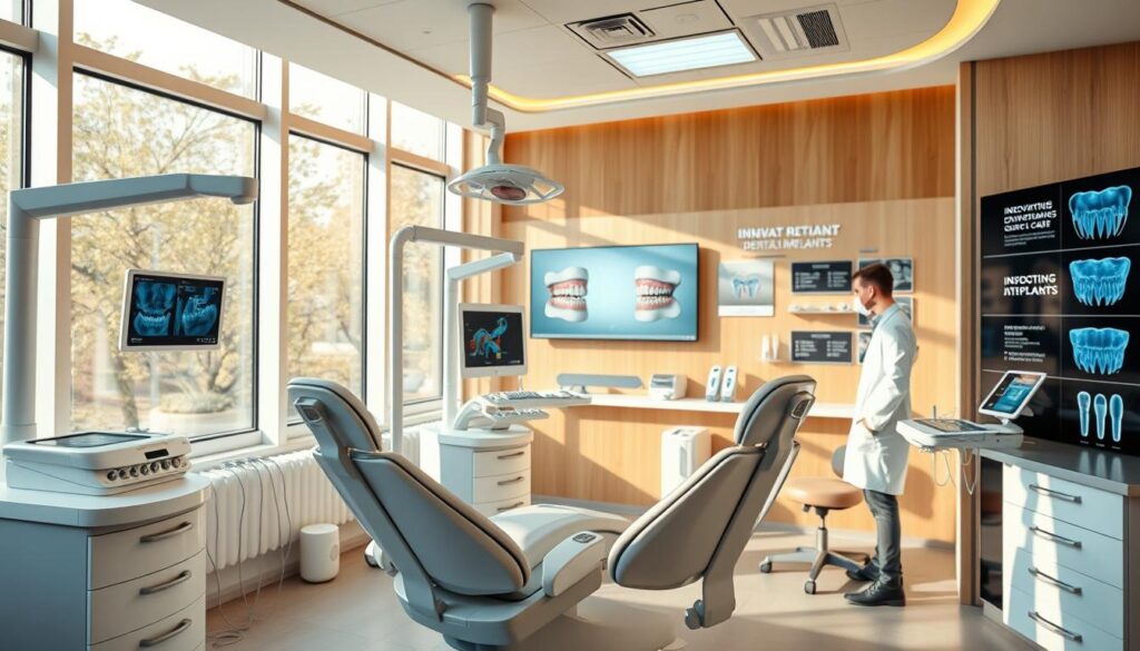 A state-of-the-art dental clinic, bathed in warm, natural lighting that filters through floor-to-ceiling windows. In the foreground, a modern dental chair with sleek, ergonomic design, surrounded by cutting-edge diagnostic equipment and tools. Dentists in pristine white coats, utilizing the latest in dental technology, such as digital X-ray machines and intraoral scanners. In the background, a display showcasing innovative dental implants, orthodontic aligners, and other advanced restorative solutions, hinting at the clinic's commitment to providing the most comprehensive and innovative dental care.