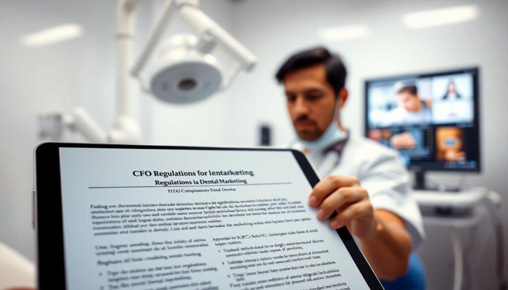 A sterile, clinical examination room with crisp white walls and gleaming medical equipment. In the foreground, a tablet displaying the CFO (Conselho Federal de Odontologia) regulations for dental marketing, its pages meticulously organized. The middle ground features a dentist, brow furrowed in concentration, reviewing the regulations with a serious expression. In the background, blurred out, a computer screen showcases a digital marketing campaign, a stark contrast to the strict compliance guidelines. The lighting is clean and professional, highlighting the gravity of the subject matter. The overall atmosphere conveys a sense of professional responsibility and the need to navigate the complex regulatory landscape of dental marketing.