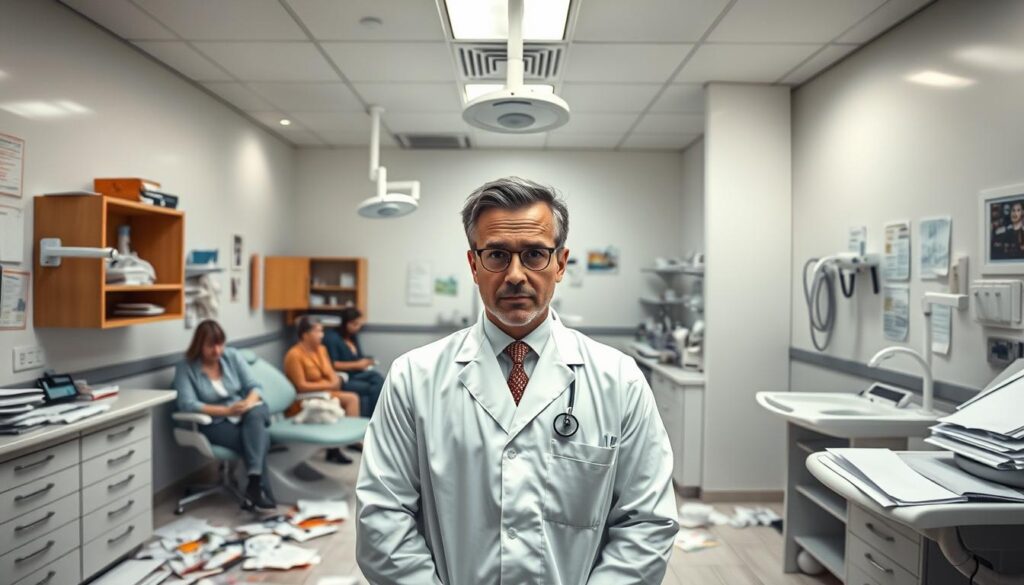 A sterile dental office, its once pristine surfaces now cluttered with scattered documents, disorganized equipment, and a sense of chaos. Harsh fluorescent lighting casts an unflattering glow, highlighting the lapse in attention to detail. Patients in the waiting area appear frustrated, reflecting the disconnect between the clinic's marketing promises and the reality they encounter. In the foreground, a perplexed dentist struggles to make sense of the disarray, their expression conveying the overwhelming nature of these "fatal digital marketing errors" plaguing the practice.