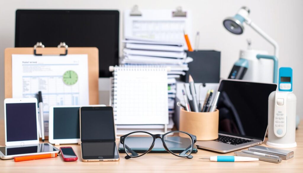 A still life arrangement of various business and office tools, capturing the essential elements for managing a modern dental clinic. In the foreground, a collection of smart devices, tablets, and laptop computers, symbolizing the digital tools for patient records, scheduling, and practice analytics. In the middle ground, a stack of organized files, a desktop calendar, and a desk organizer, representing the administrative and organizational components of clinic management. In the background, a trio of medical-grade magnifying glasses, a digital thermometer, and a set of high-precision dental instruments, alluding to the clinical side of running a successful practice. The lighting is soft and balanced, highlighting the professional, efficient, and technology-driven atmosphere of an optimally managed dental clinic.