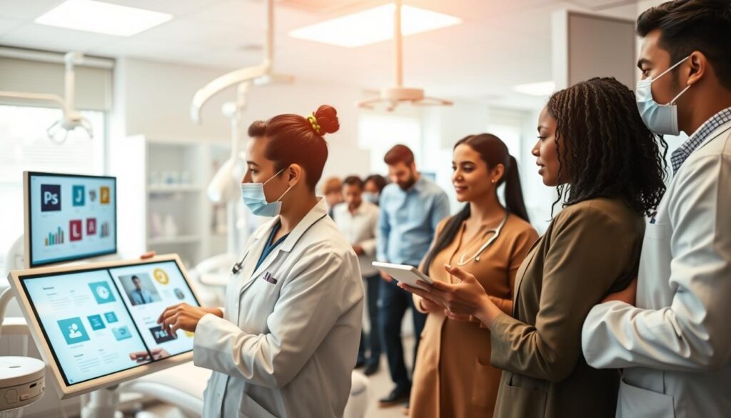 A strategic and visually engaging dental marketing scene. In the foreground, a team of dental professionals collaborate, discussing marketing tactics on a digital display. In the middle ground, a diverse group of patients engage with the clinic's services, reflecting the clinic's focus on personalized care. The background depicts a modern, well-equipped dental office, conveying professionalism and innovation. The lighting is warm and natural, creating a welcoming atmosphere. The overall composition suggests a dynamic, patient-centric approach to dental marketing.