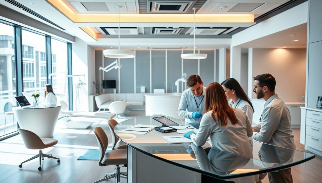 A strategic business plan for a dental clinic, showcasing a modern and professional interior design. The foreground depicts a team of dentists and staff collaborating around a glass-topped desk, discussing patient files and treatment plans. The middle ground features a bright, open-concept waiting area with comfortable seating and a sleek reception counter. The background highlights state-of-the-art dental equipment and technology, conveying a sense of clinical excellence and patient-centric care. The lighting is warm and natural, creating a calming atmosphere. The overall composition emphasizes the synergy between business strategy, patient experience, and high-quality medical services.