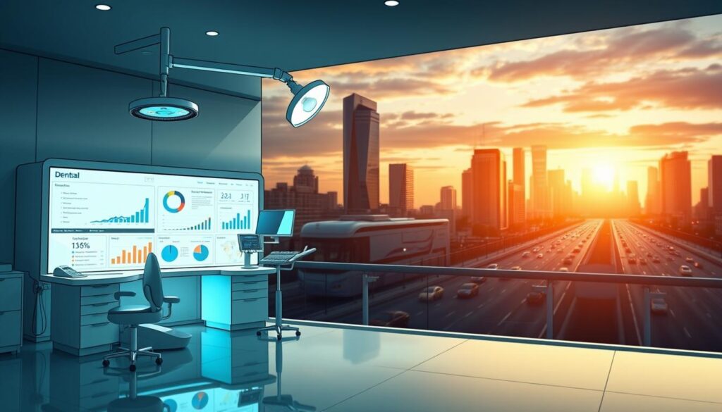 A strategic business plan for a dental practice, with a focus on digital marketing. In the foreground, a meticulously drawn dental clinic, its sleek design and modern equipment conveying a sense of professionalism and attention to detail. In the middle ground, a laptop displays a digital dashboard, showcasing key performance metrics and marketing analytics. The background features a cityscape, with skyscrapers and traffic, symbolizing the competitive landscape of the dental industry. The lighting is warm and inviting, creating a subtle sense of urgency and purpose. The overall atmosphere conveys a harmonious blend of technology, business strategy, and the pursuit of dental excellence.