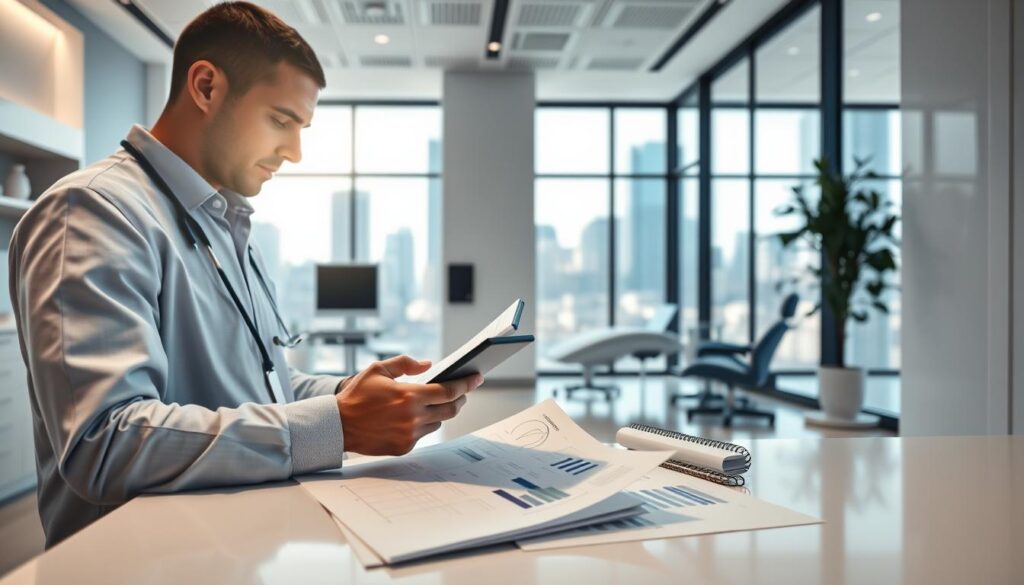 A strategic business plan for a modern dental clinic. The foreground depicts a healthcare professional reviewing financial reports and making notes on a tablet device, conveying a sense of focus and diligence. The middle ground showcases the clinic's sleek, minimalist interior design with clean lines, natural lighting, and ergonomic furnishings, projecting a professional and welcoming atmosphere. The background features a cityscape view through large windows, symbolizing the clinic's urban setting and growth potential. The scene is captured with a wide-angle lens, creating depth and balance, and illuminated by soft, natural lighting to convey a sense of calm and efficiency. The overall mood is one of strategic planning, organizational prowess, and progressive healthcare delivery.